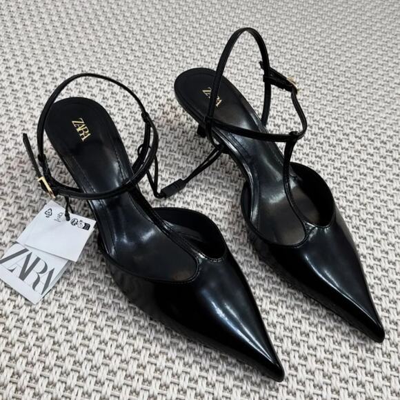 ZARA Pointed Toe Slingback Heels NWT Black US 8 EUR 39 NWT - Picture 3 of 16